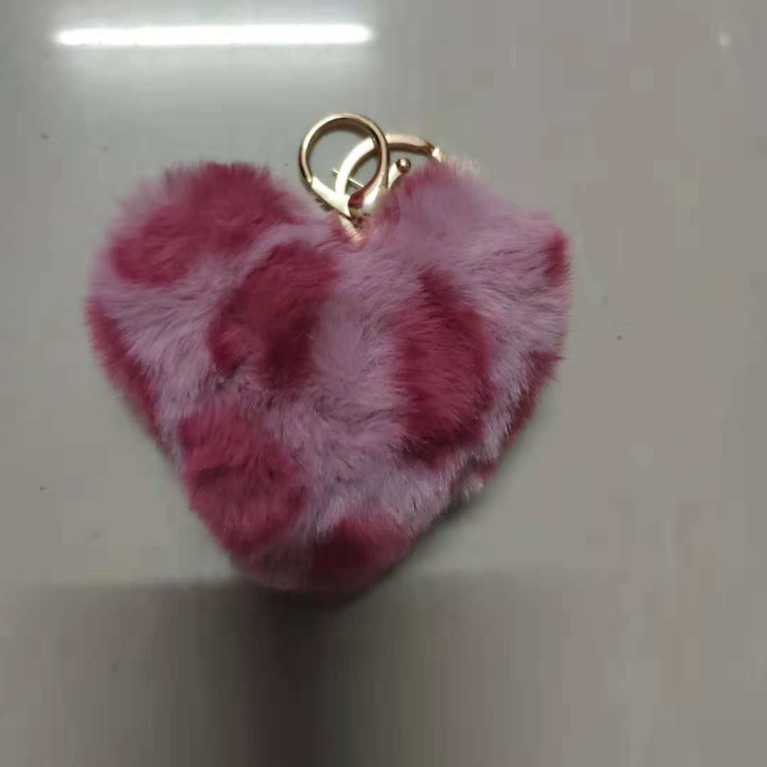 Leopard Print Love Plush Pendant Peach Heart Keychain Car Ornament Accessories Bag Imitation Rex Rabbit Fur Ball