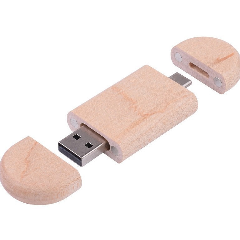 Customized Maple Box Carved Wooden 2-in-1 Mobile Phone Type C USB Drive