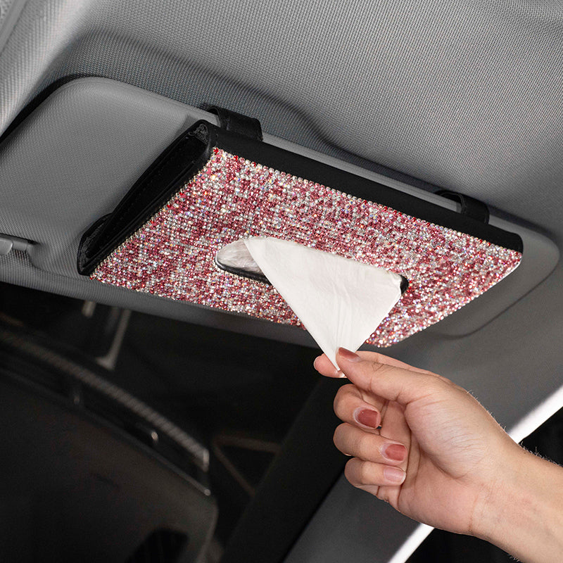 Crystal PU Leather Universal Hanging Style Sun Visor Car Tissue Box