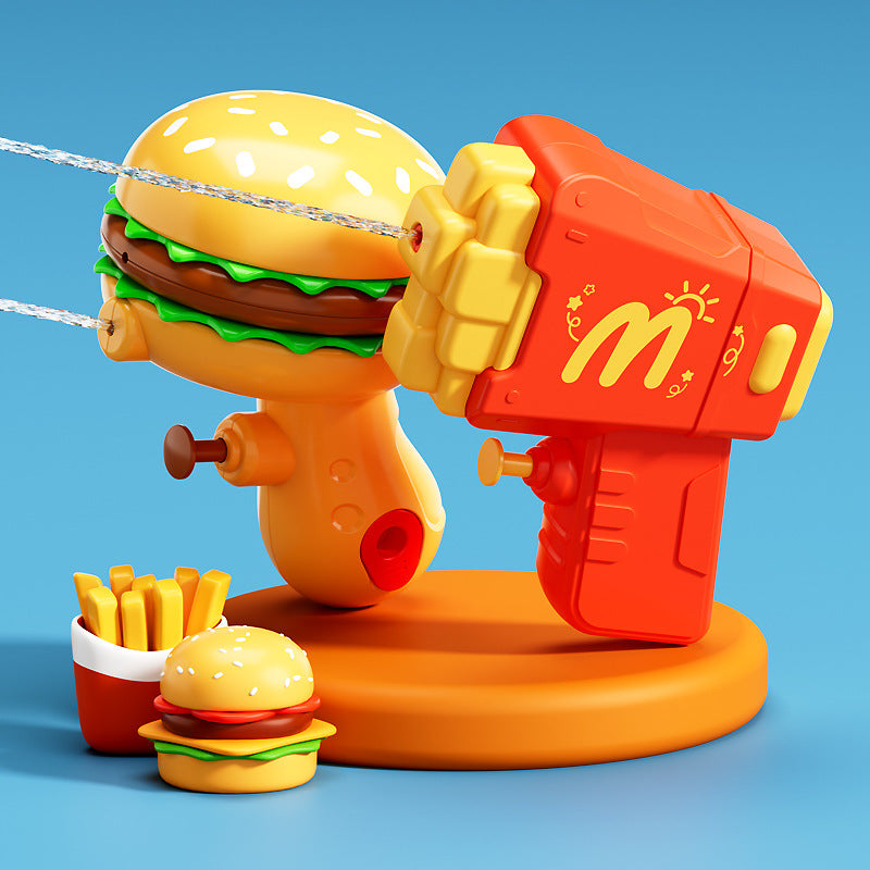 Hamburgers, fries, toy water gun