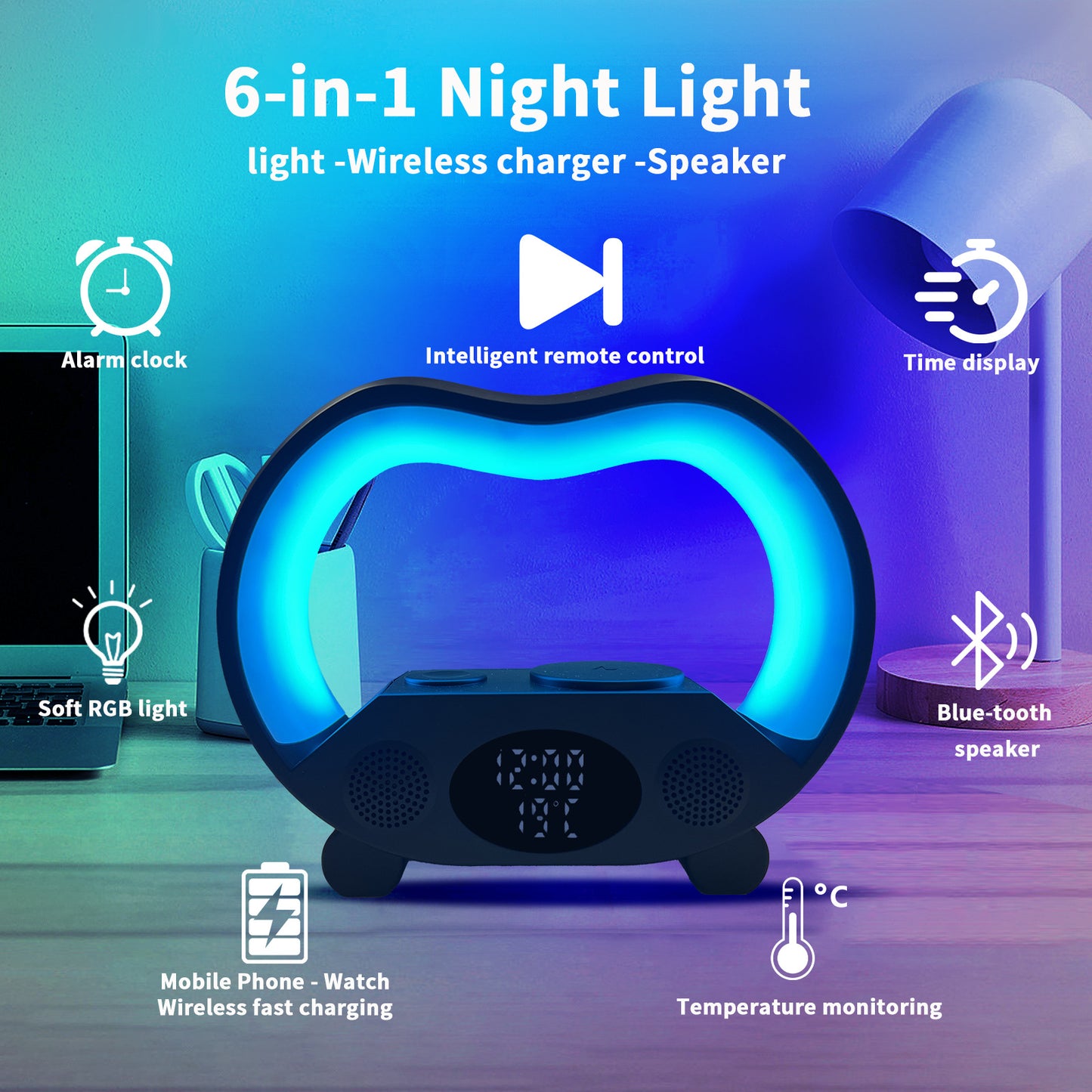 Smart LED Table Lamp with Wireless Charging & Bluetooth Speaker