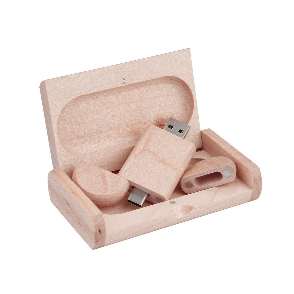 Customized Maple Box Carved Wooden 2-in-1 Mobile Phone Type C USB Drive