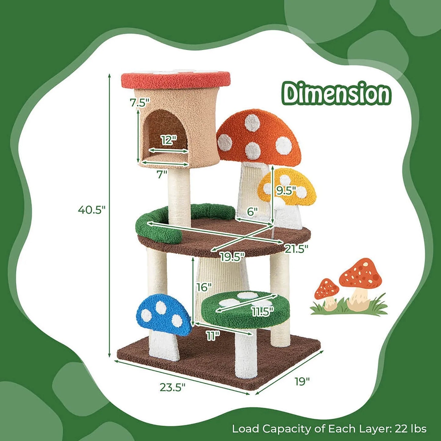 41 Inch Mushroom Cat Tree Tower and Kitten Activity Center with Natural Sisal