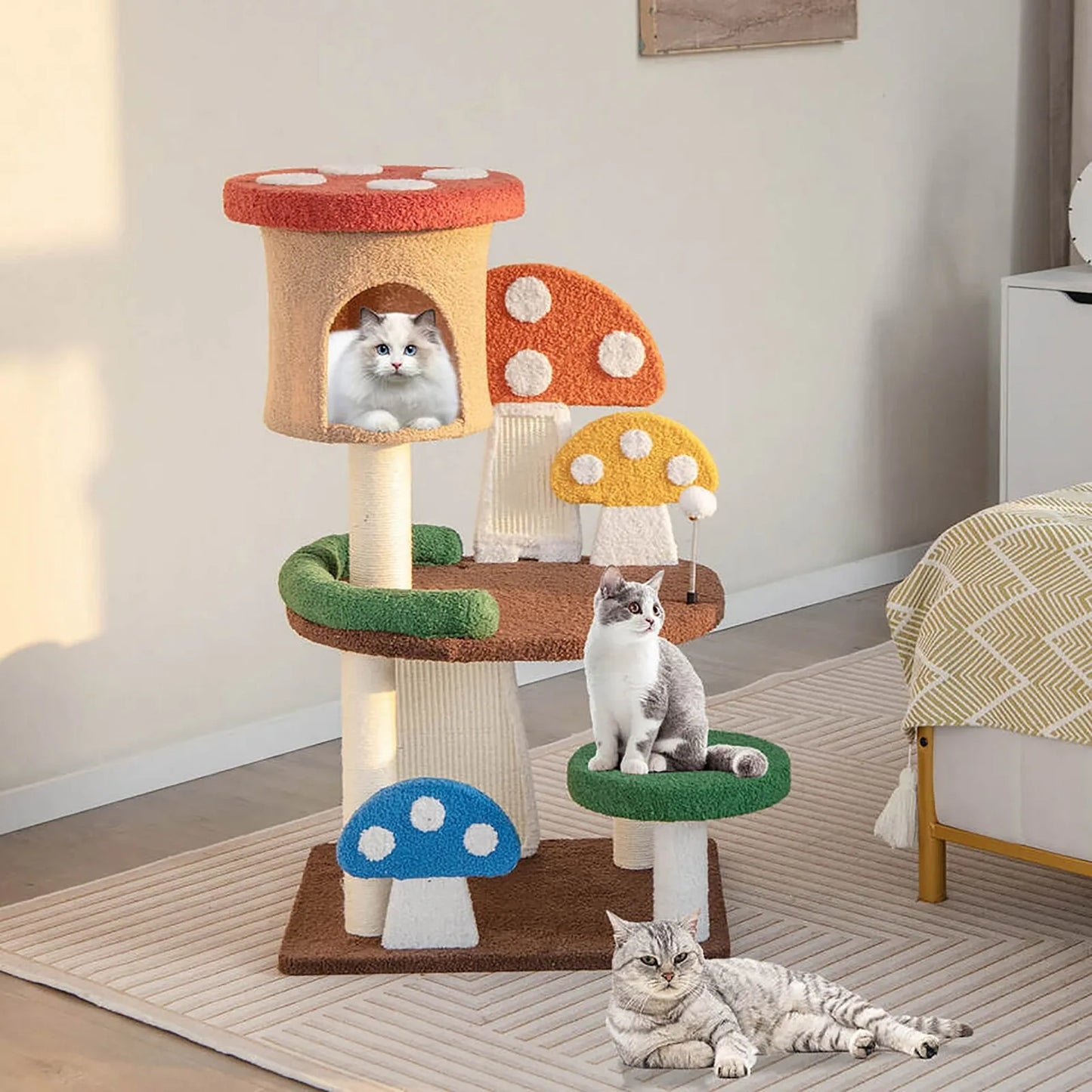 41 Inch Mushroom Cat Tree Tower and Kitten Activity Center with Natural Sisal