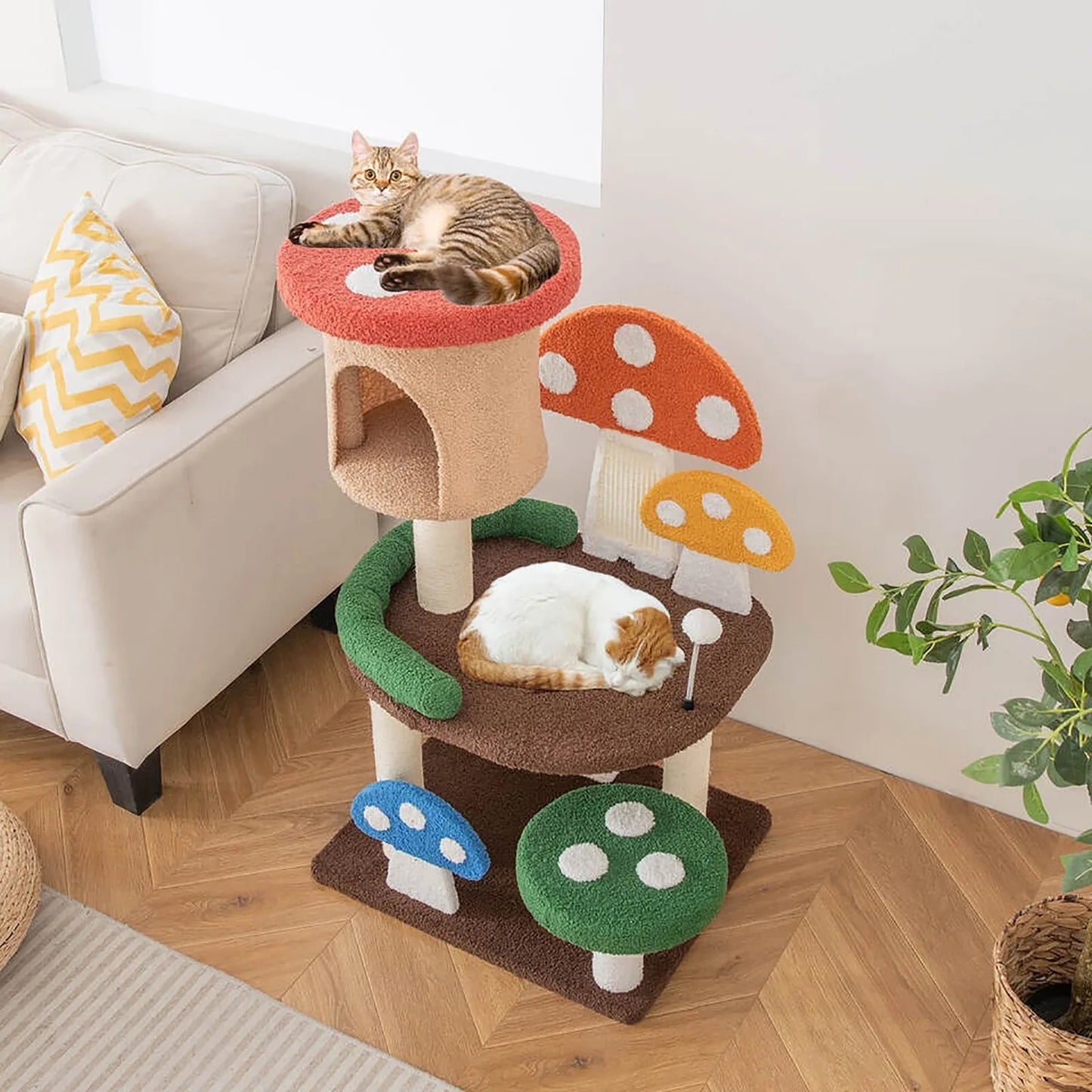 41 Inch Mushroom Cat Tree Tower and Kitten Activity Center with Natural Sisal