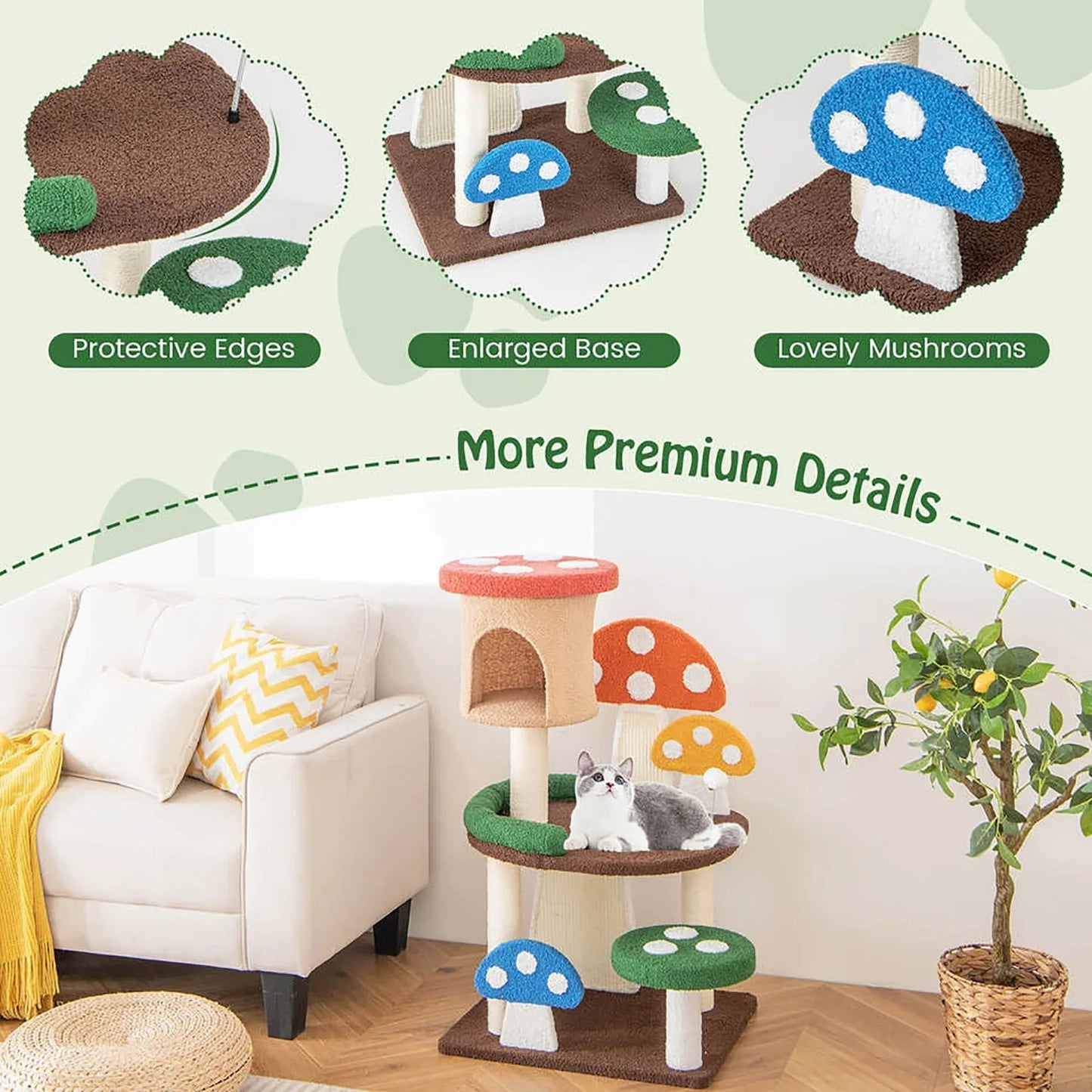 41 Inch Mushroom Cat Tree Tower and Kitten Activity Center with Natural Sisal