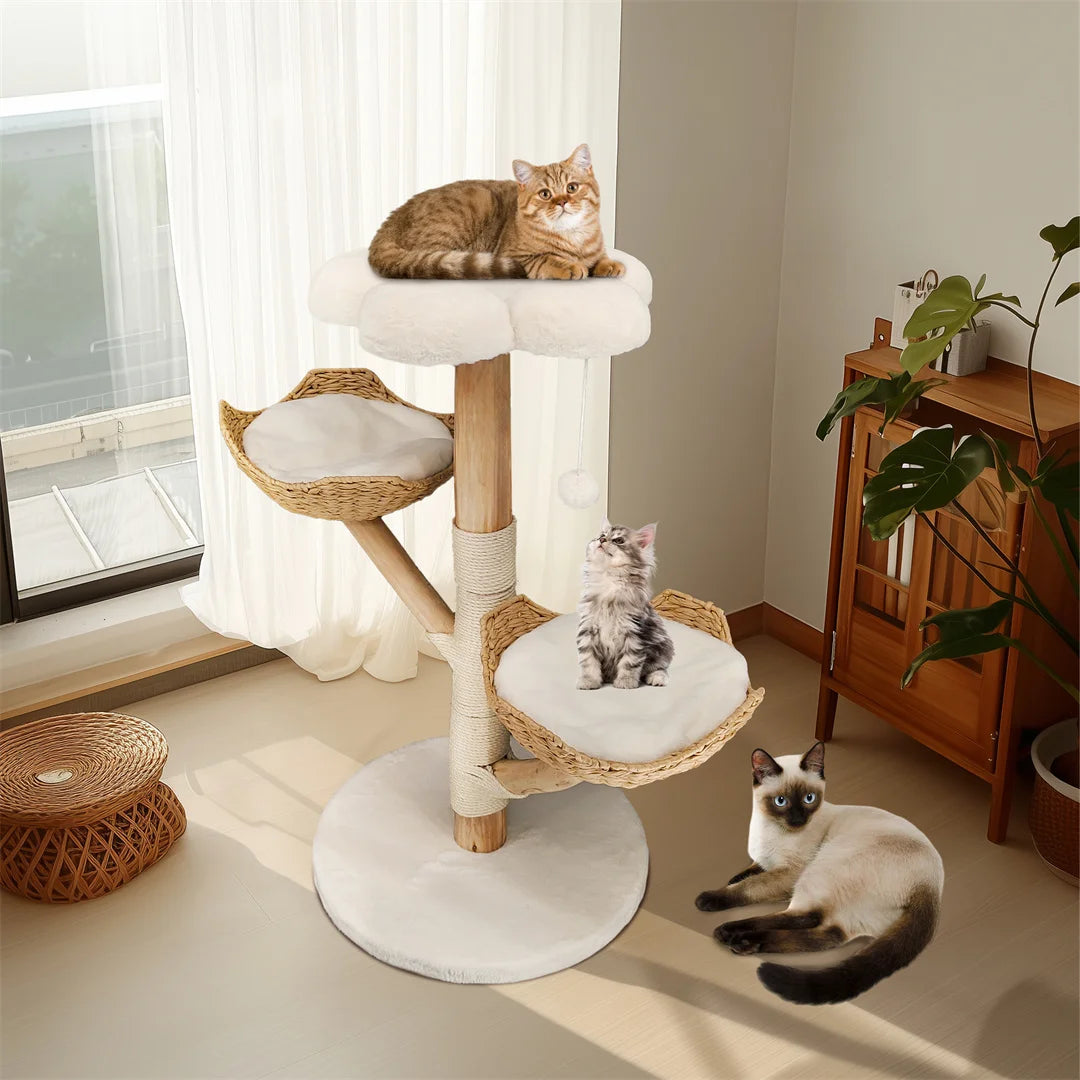 BINGOPAW 111cm Modern Solid Wood Cat Furniture Activity Center with Sisal Scratching Post