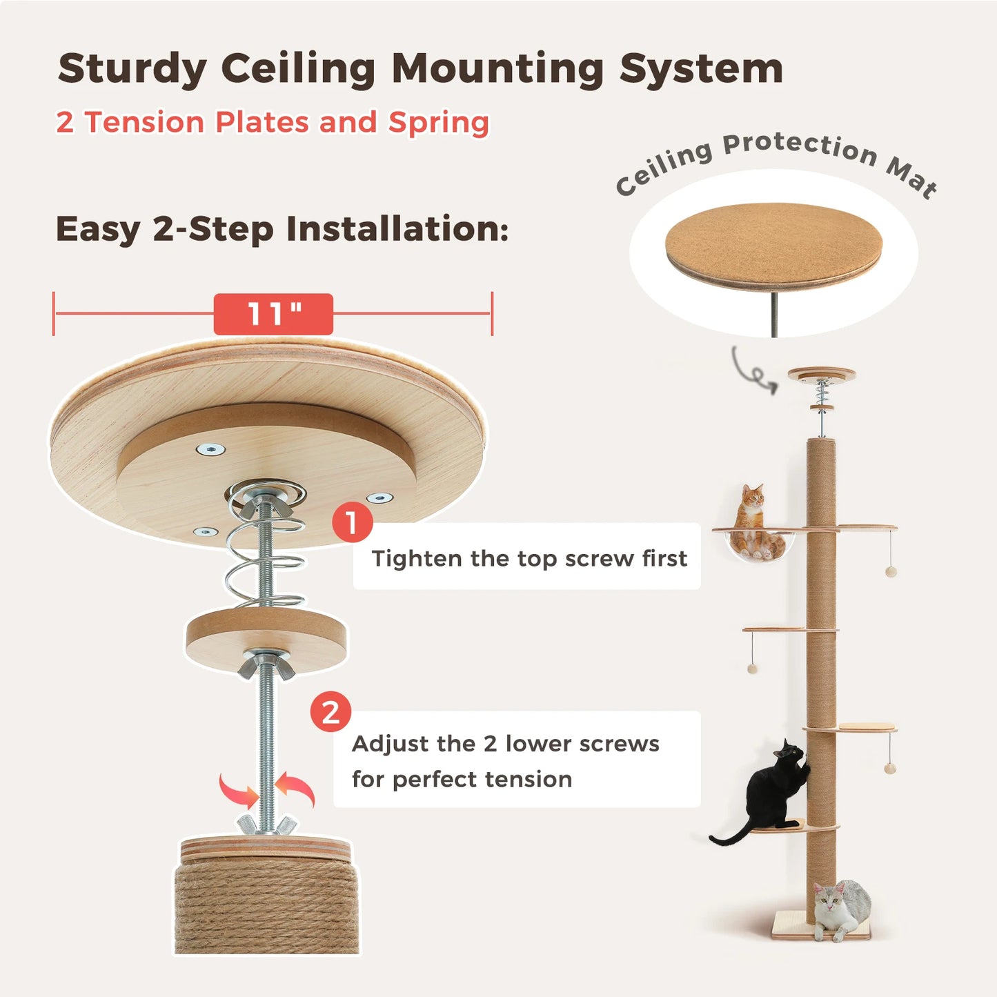 PAWZ Road Floor to Ceiling Adjustable Wooden Cat Tree with Acrylic Cave and Thick Scratching Posts