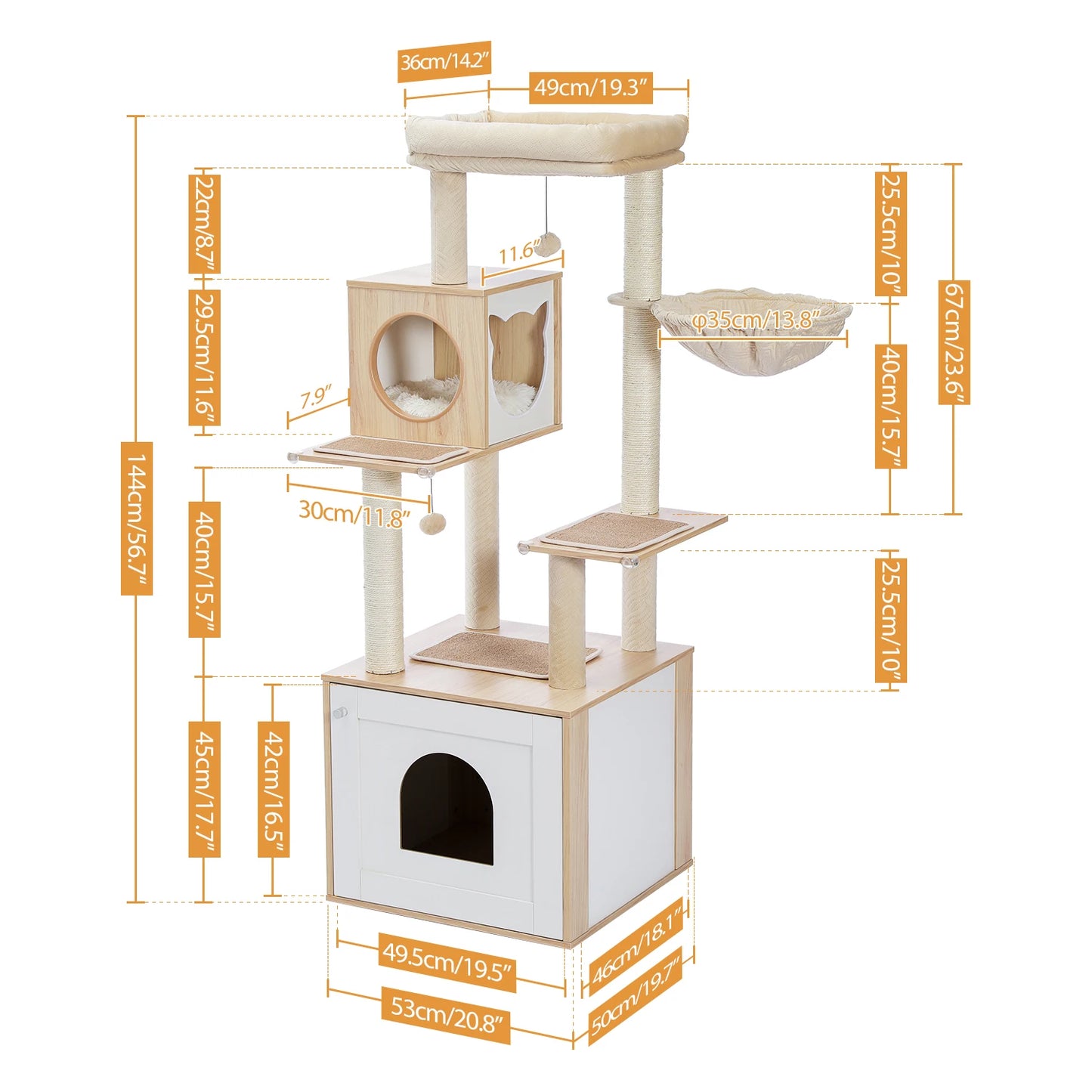 PAWZ Road Multi Level Wood Cat Tower with Spacious Condo Hammock and Top Perch