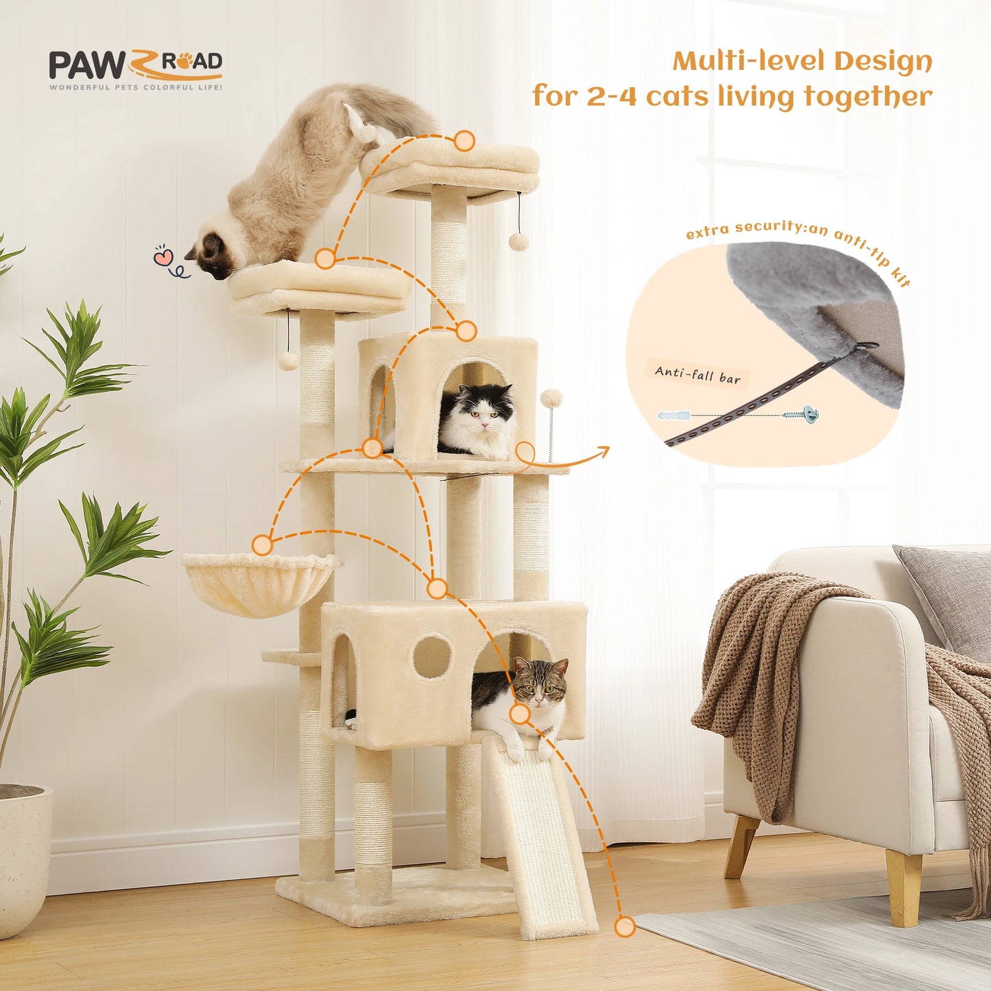 PEQULTI 162CM Multi Level Cat Tree Tower with Padded Perches and Plush Condo