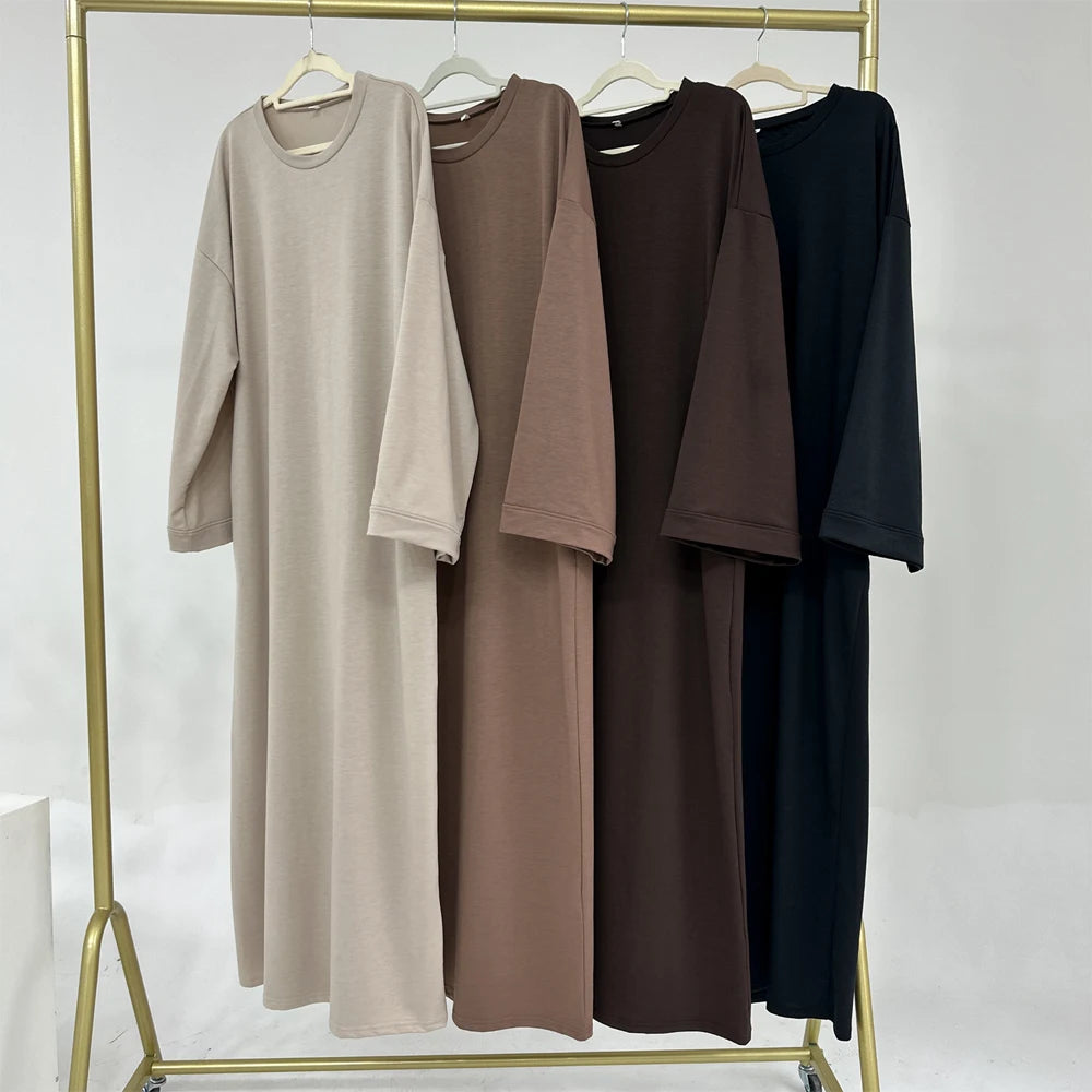 Casual Loose-Fit Muslim Sporty Abaya Women Long Sweatshirt Dress-Drop Shoulders, Side Pockets. Ramadan Modest Islamic Clothing