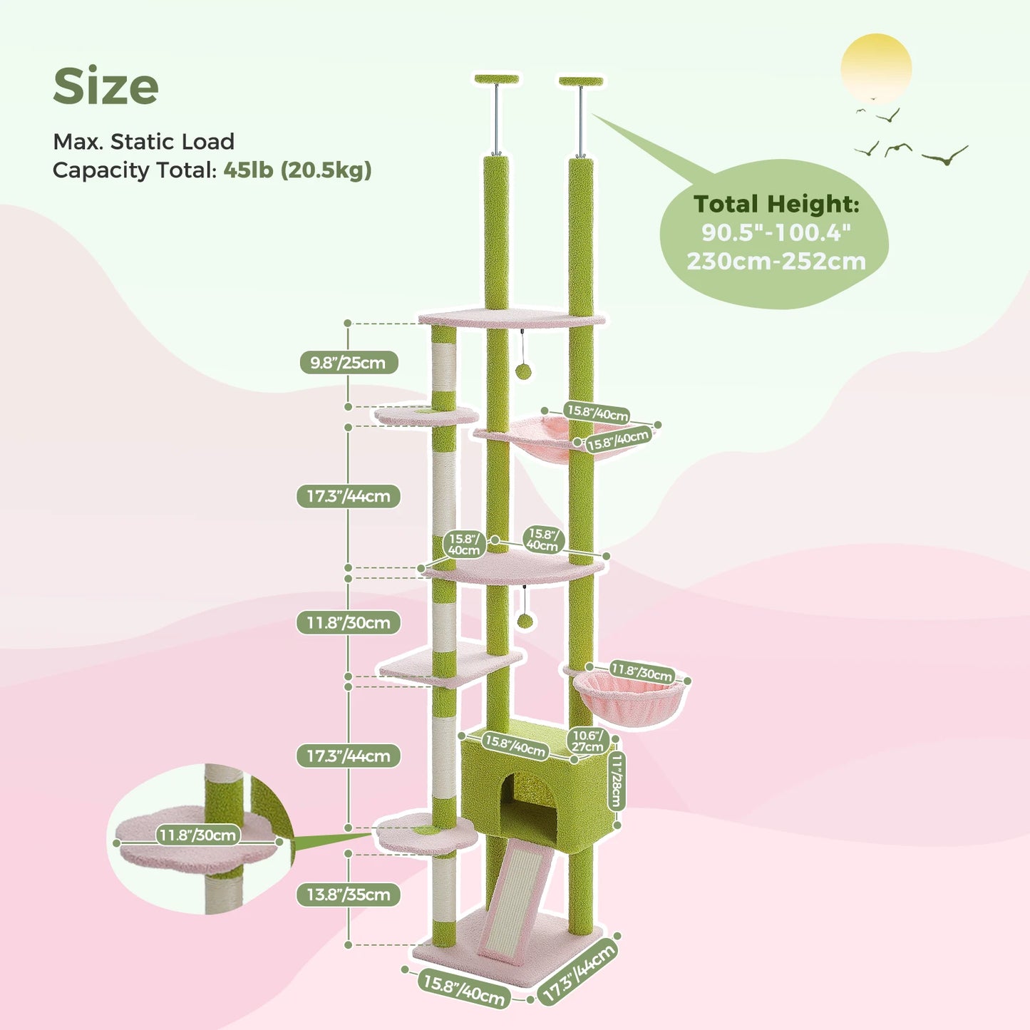 PETEPELA Floor to Ceiling Cactus Cat Tower with Adjustable Height Condo and Hammock