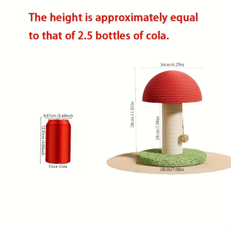 Red Mushroom Shaped Cat Scratching Post with Sisal Pad and Green Pom Pom Base