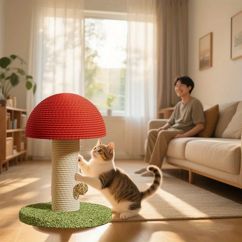 Red Mushroom Shaped Cat Scratching Post with Sisal Pad and Green Pom Pom Base
