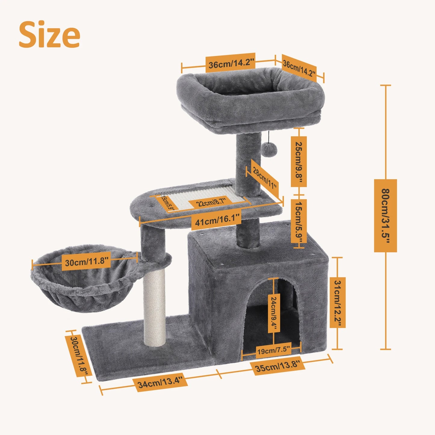 PAWZ Road 73CM Cat Activity Tree Tower with Big Hammock and Removable Top Perch in Grey