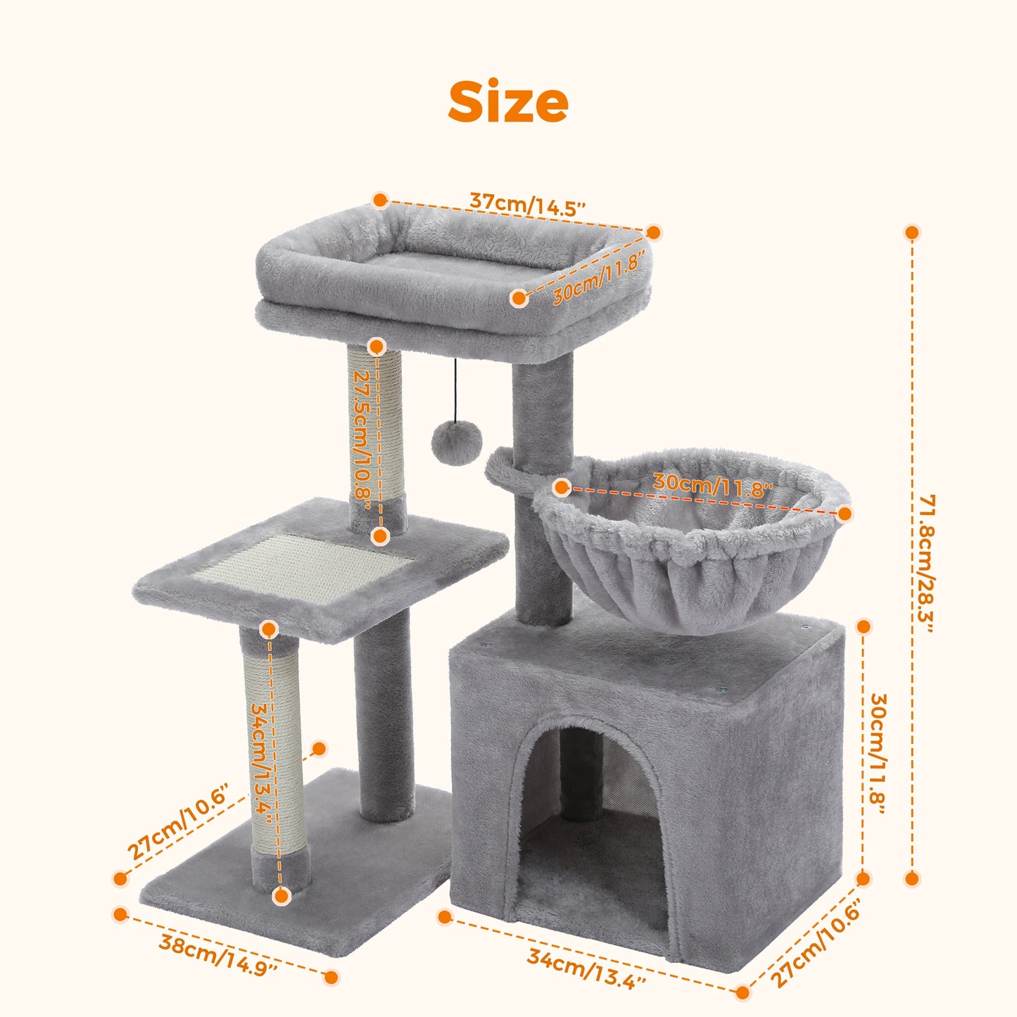 PAWZ Road 73CM Cat Activity Tree Tower with Big Hammock and Removable Top Perch in Grey