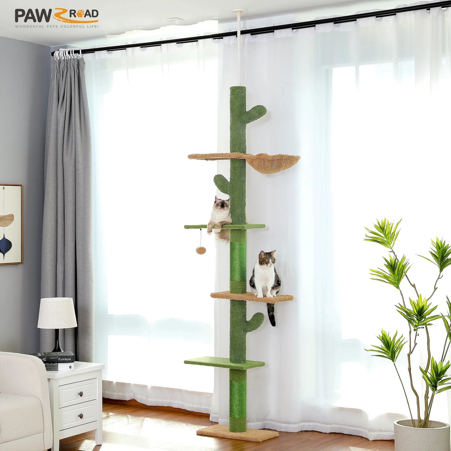 PAWZ Road 5-Tier Floor to Ceiling Cactus Cat Tower with Scratching Post and Hammock