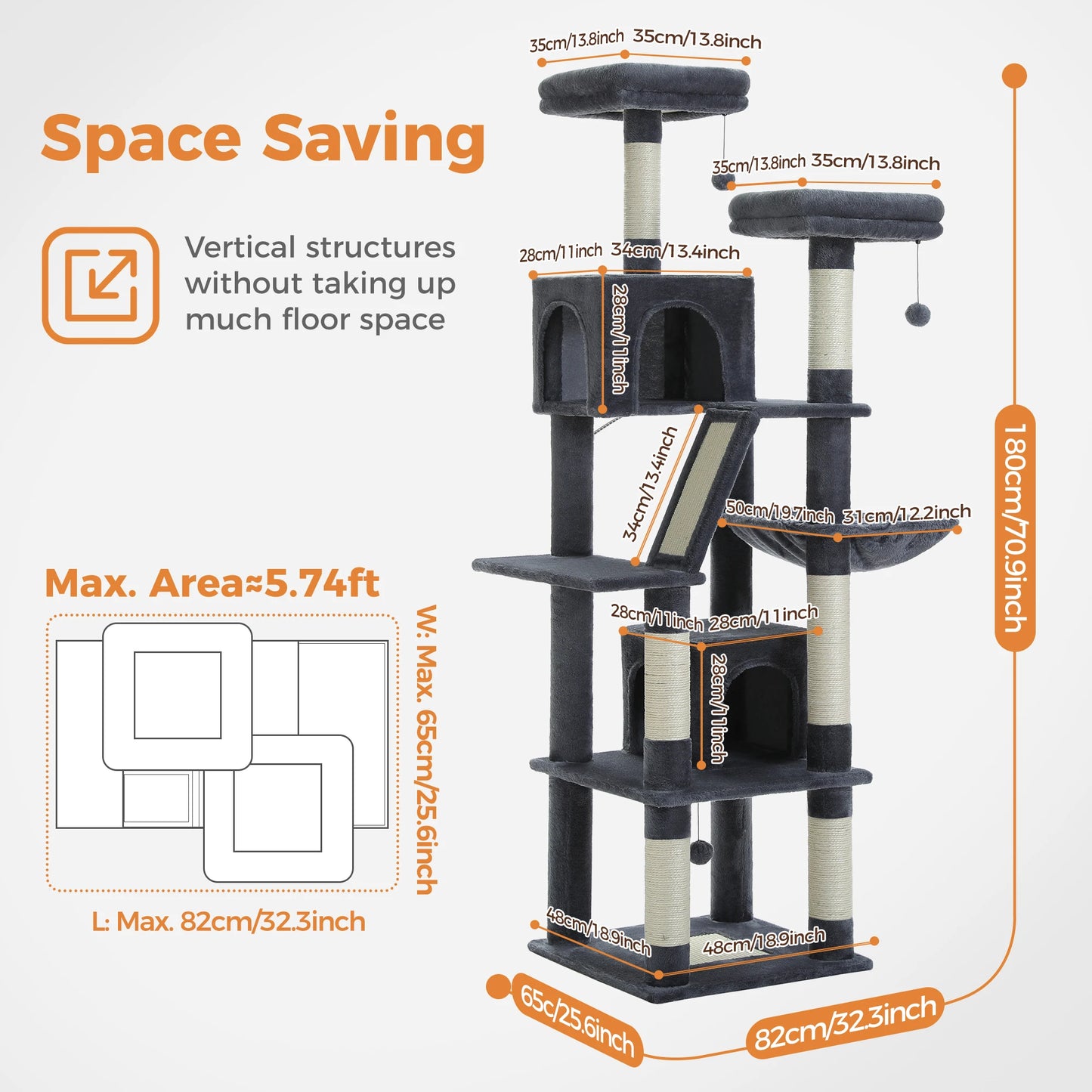 PEQULTI Multi Level Cat Tree Tower with Scratching Board Condo and Hammock for Indoor Cats