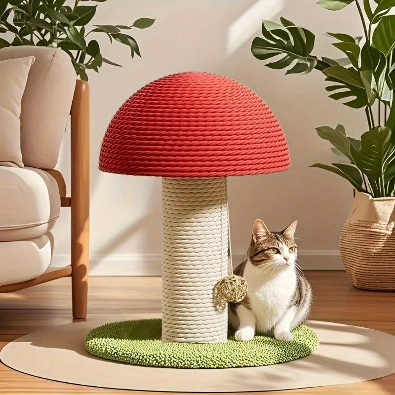 Red Mushroom Shaped Cat Scratching Post with Sisal Pad and Green Pom Pom Base