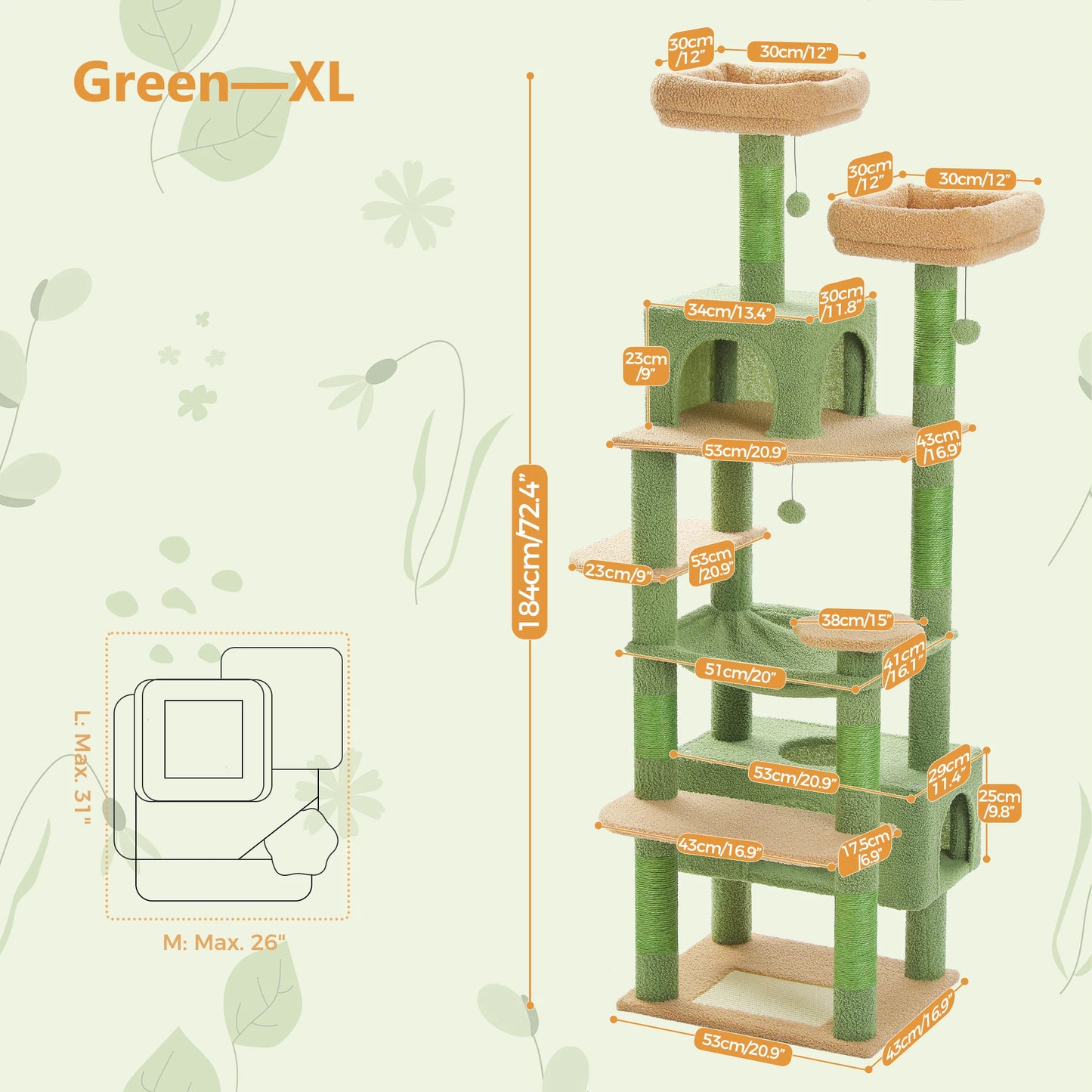 Sturdy Multi-Level Cat Tree Tower with Natural Sisal Scratching Posts,Cozy Hammock&Condo, Large Top Perch, and Fun Dangling Ball