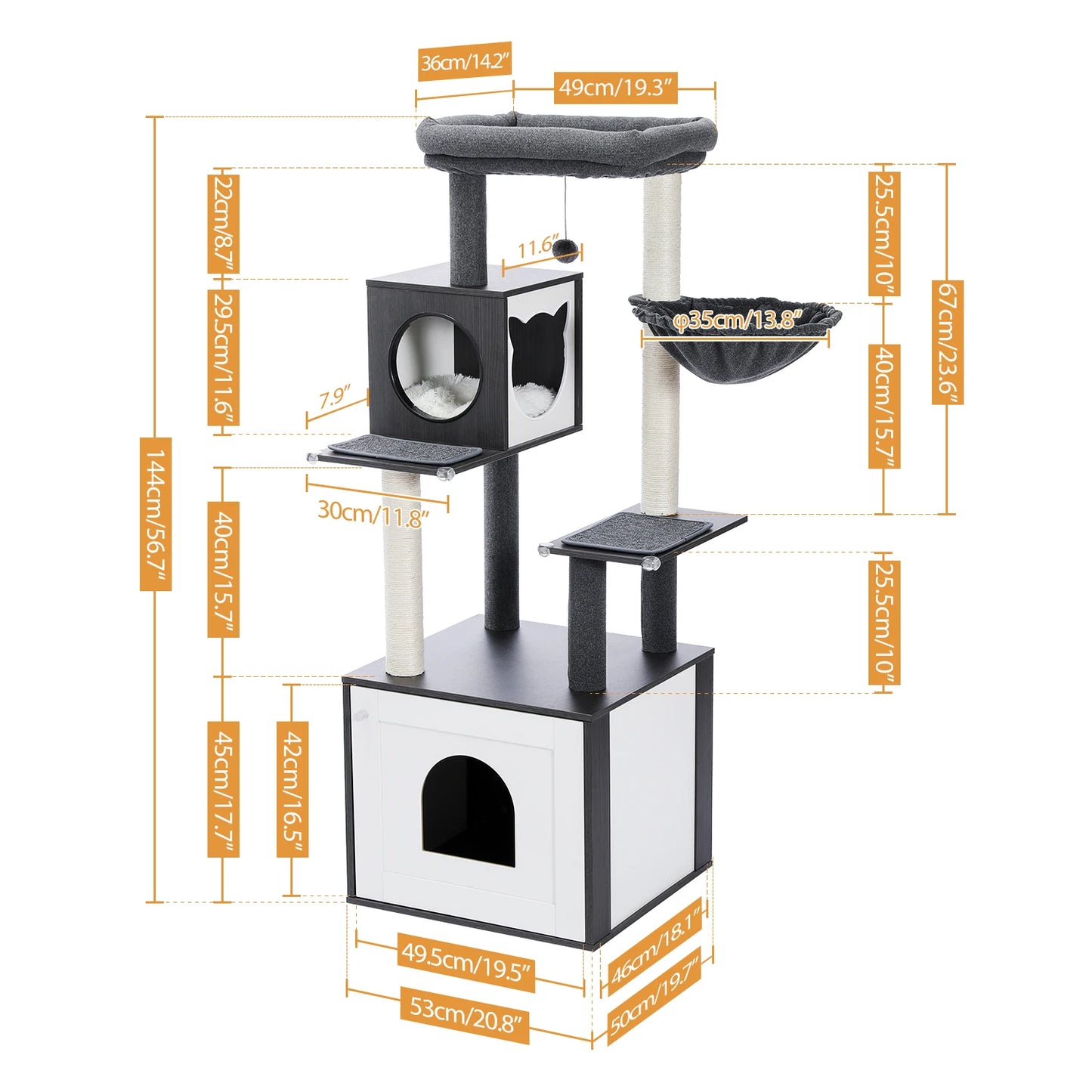 PAWZ Road Multi-Level Wood Cat Tower with Spacious Condo Hammock and Top Perch