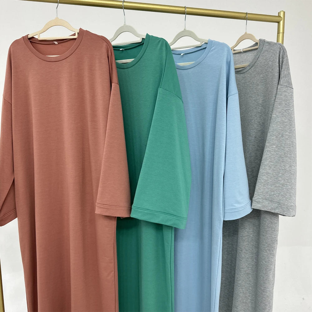Casual Loose-Fit Muslim Sporty Abaya Women Long Sweatshirt Dress-Drop Shoulders, Side Pockets. Ramadan Modest Islamic Clothing