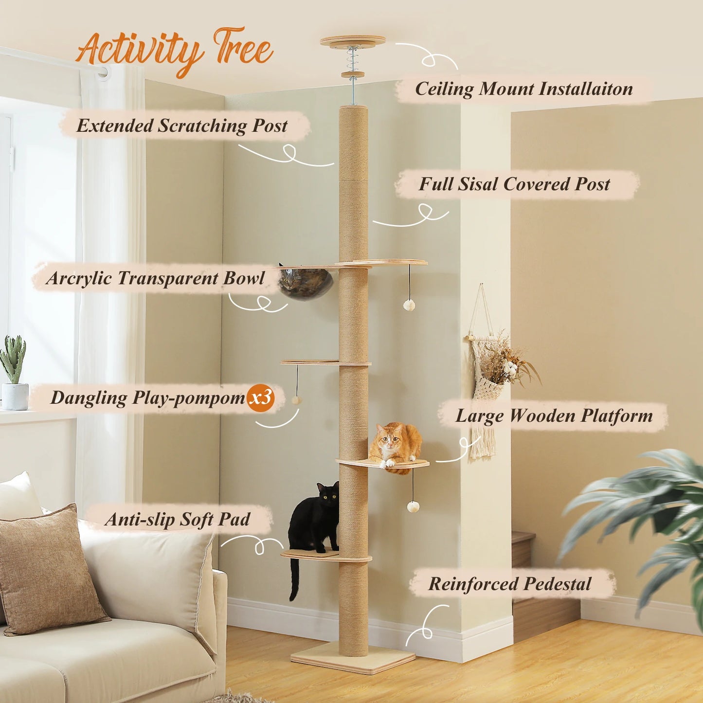 PAWZ Road Floor to Ceiling Adjustable Wooden Cat Tree with Acrylic Cave and Thick Scratching Posts