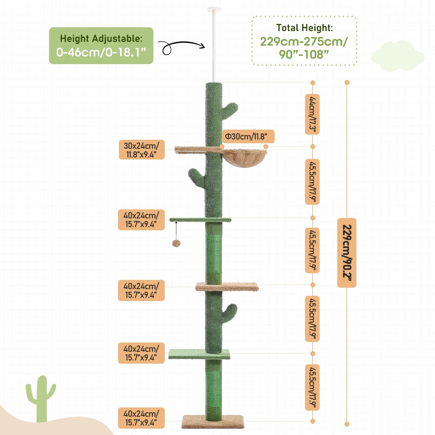 PAWZ Road 5-Tier Floor to Ceiling Cactus Cat Tower with Scratching Post and Hammock