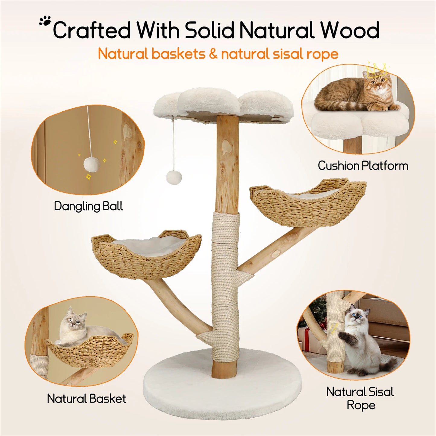 BINGOPAW Modern Cat Activity Tower with Plush Cushion Toy Ball and Sisal Scratching Post