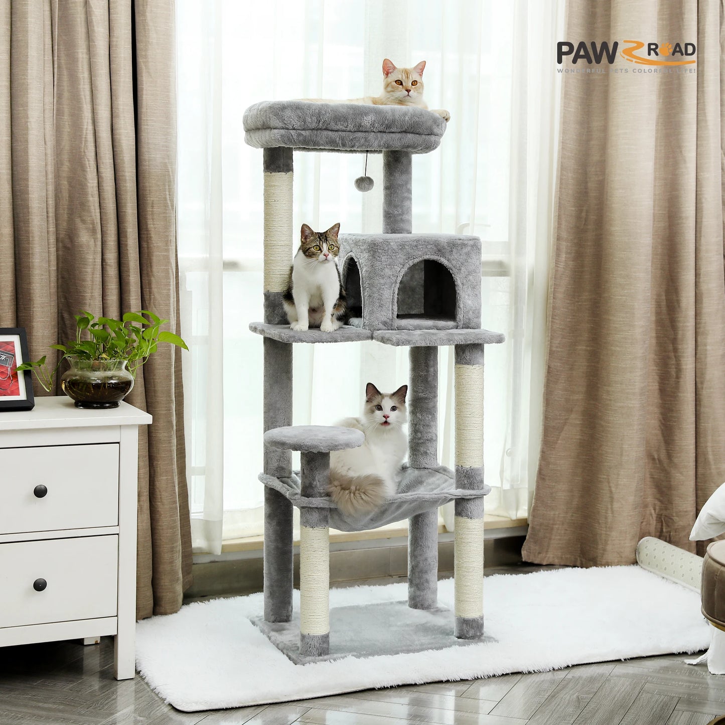 PAWZ Road 143CM 5-Tier Cat Tower for Large Cats with Large Hammock and Cozy Condo