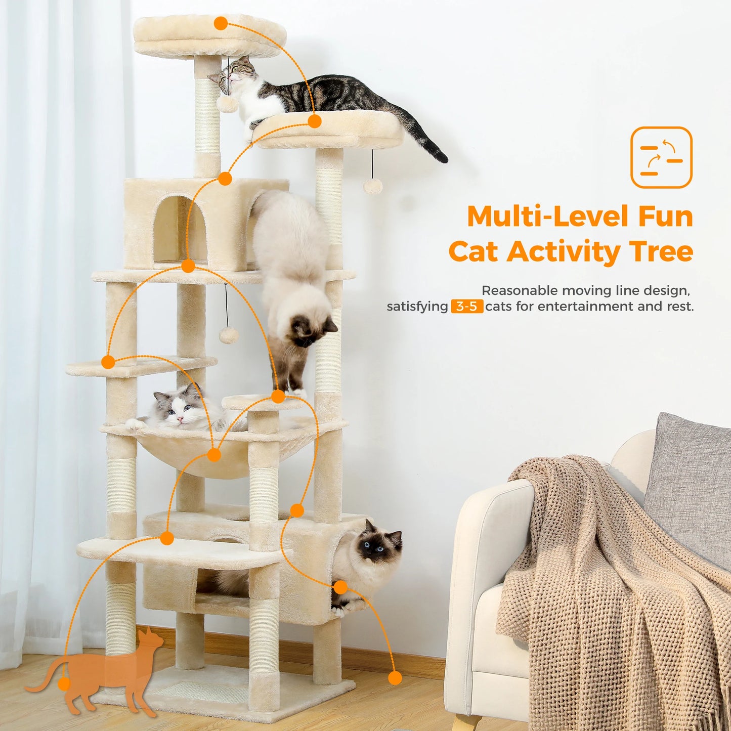 PAWZ Road Large Cat Tree and Tower with Spacious Hammock Padded Perches and Condos