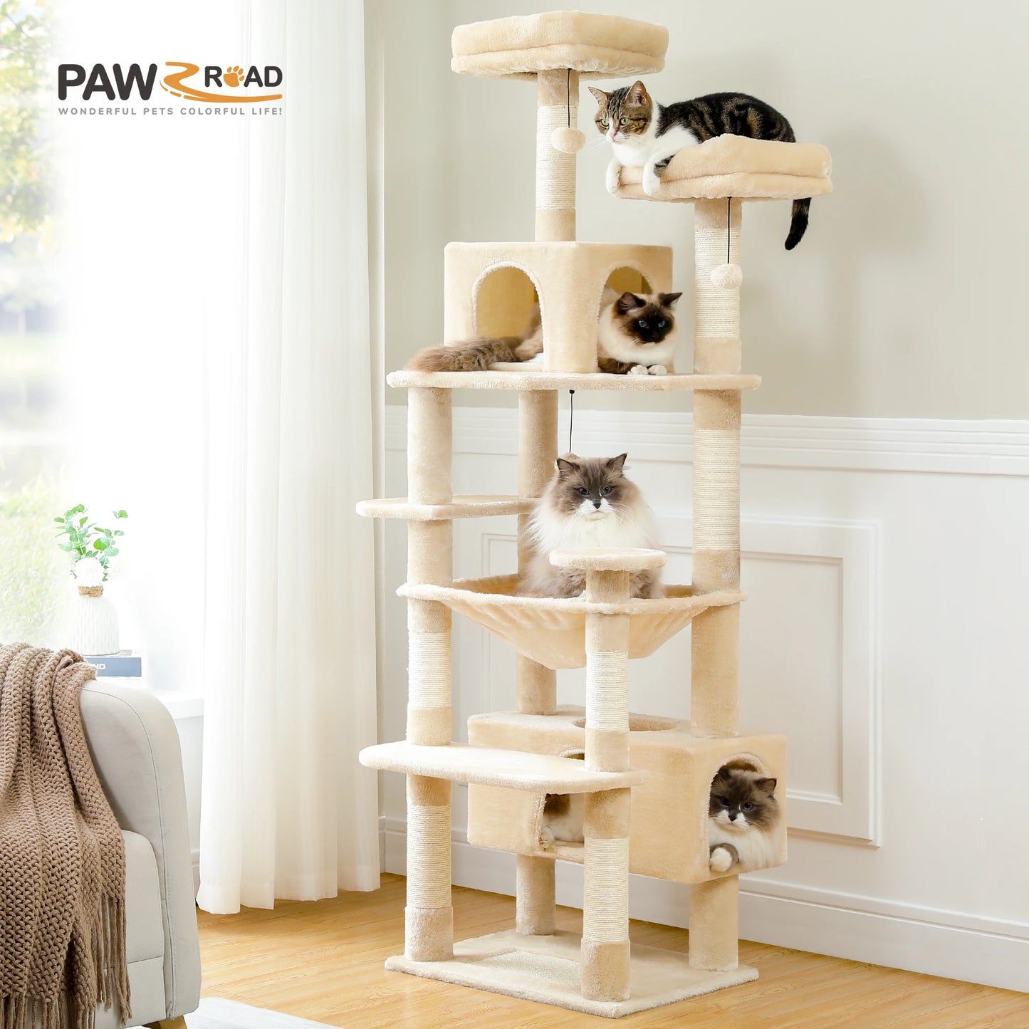 PEQULTI 184CM Multi Level Cat Tree Tower with Scratching Board Condo and Spacious Top Perch