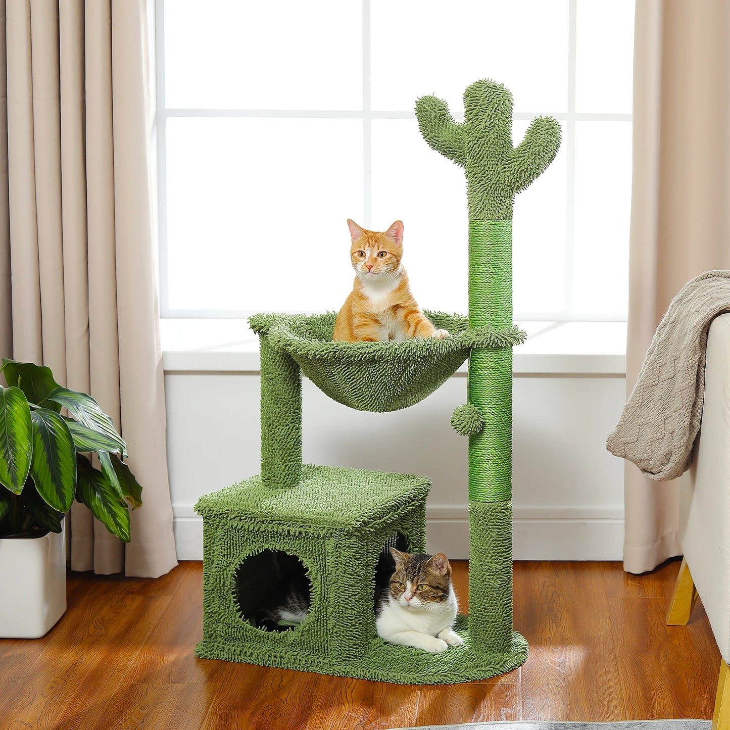 Cactus Cat Tree Tower with Large Condo Hammock and Dangling Ball for Indoor Cats