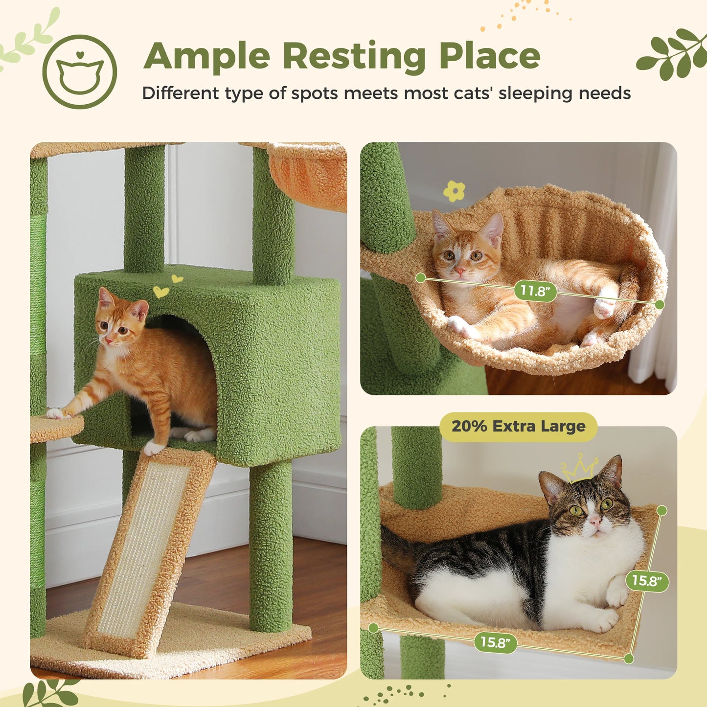 PETEPELA Floor to Ceiling Cactus Cat Tower with Adjustable Height Condo and Hammock