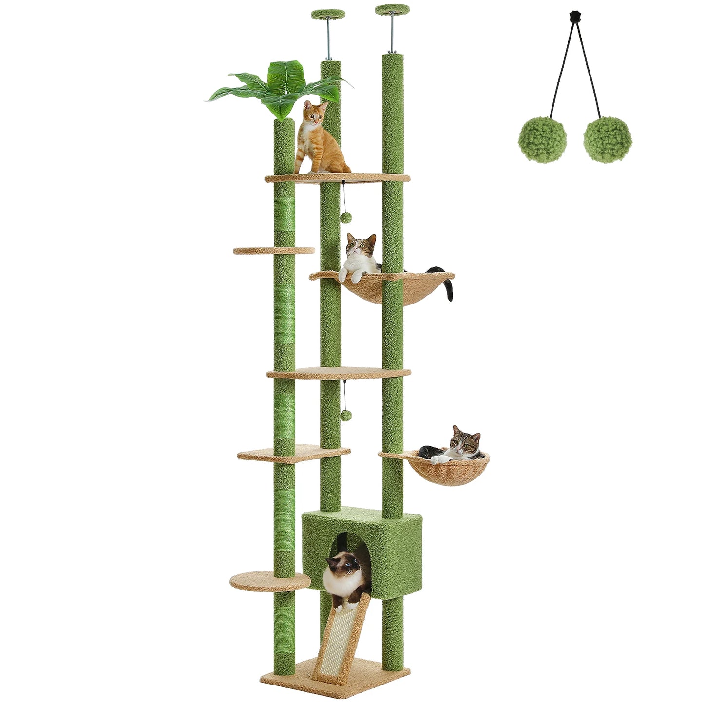 PETEPELA Floor to Ceiling Cactus Cat Tower with Adjustable Height Condo and Hammock