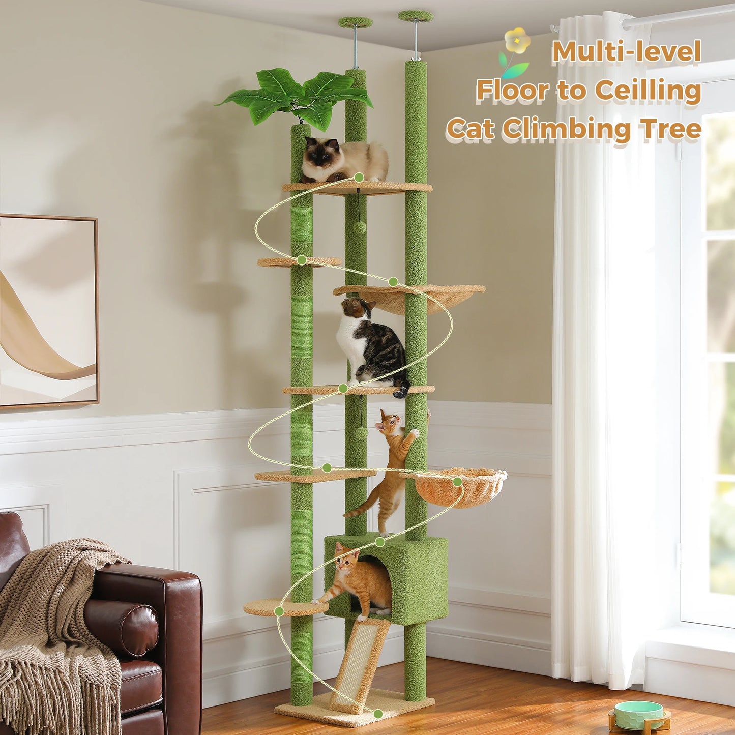 PETEPELA Floor to Ceiling Cactus Cat Tower with Adjustable Height Condo and Hammock