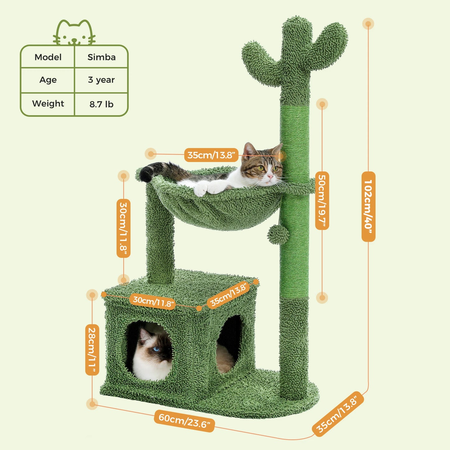 Cactus Cat Tree Tower with Large Condo Hammock and Dangling Ball for Indoor Cats