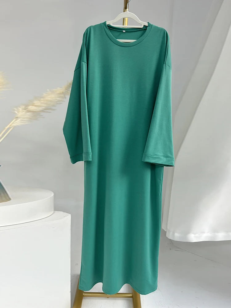 Casual Loose-Fit Muslim Sporty Abaya Women Long Sweatshirt Dress-Drop Shoulders, Side Pockets. Ramadan Modest Islamic Clothing