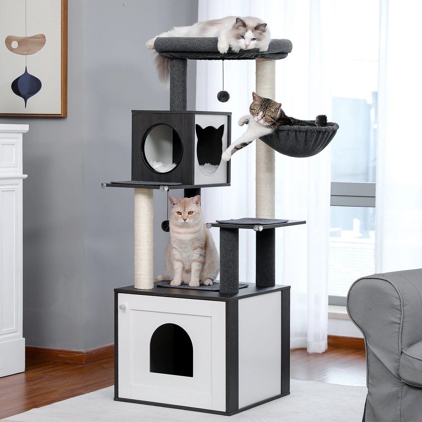 PAWZ Road Multi Level Wood Cat Tower with Spacious Condo Hammock and Top Perch
