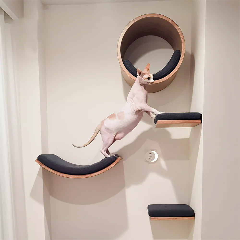 Wall Mounted Wooden Cat Tree Shelves with Scratching Posts Hammock and Floating Climbing Perches