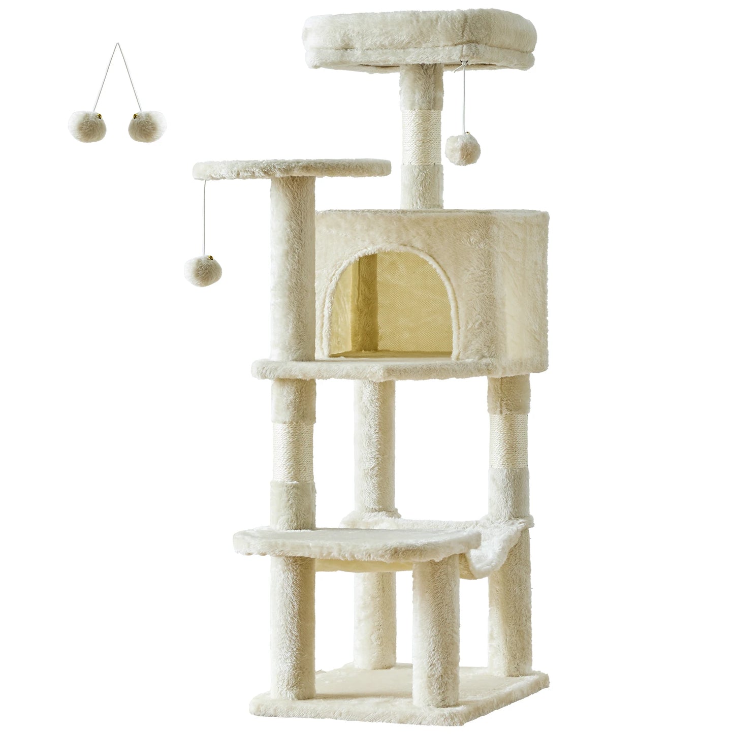 JHK 44 Inch Tall Multi-Cat Climbing Tower with Natural Sisal Scratching Posts and Stable Pet House