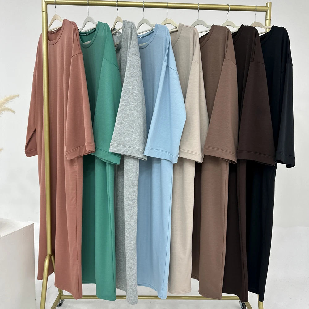 Casual Loose-Fit Muslim Sporty Abaya Women Long Sweatshirt Dress-Drop Shoulders, Side Pockets. Ramadan Modest Islamic Clothing