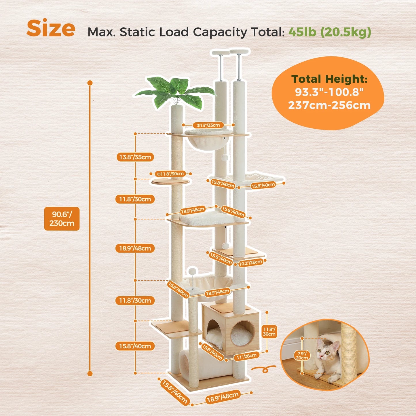 PAWZ Road Floor to Ceiling Adjustable Wooden Cat Tree with Large Hammock and Cozy Condo