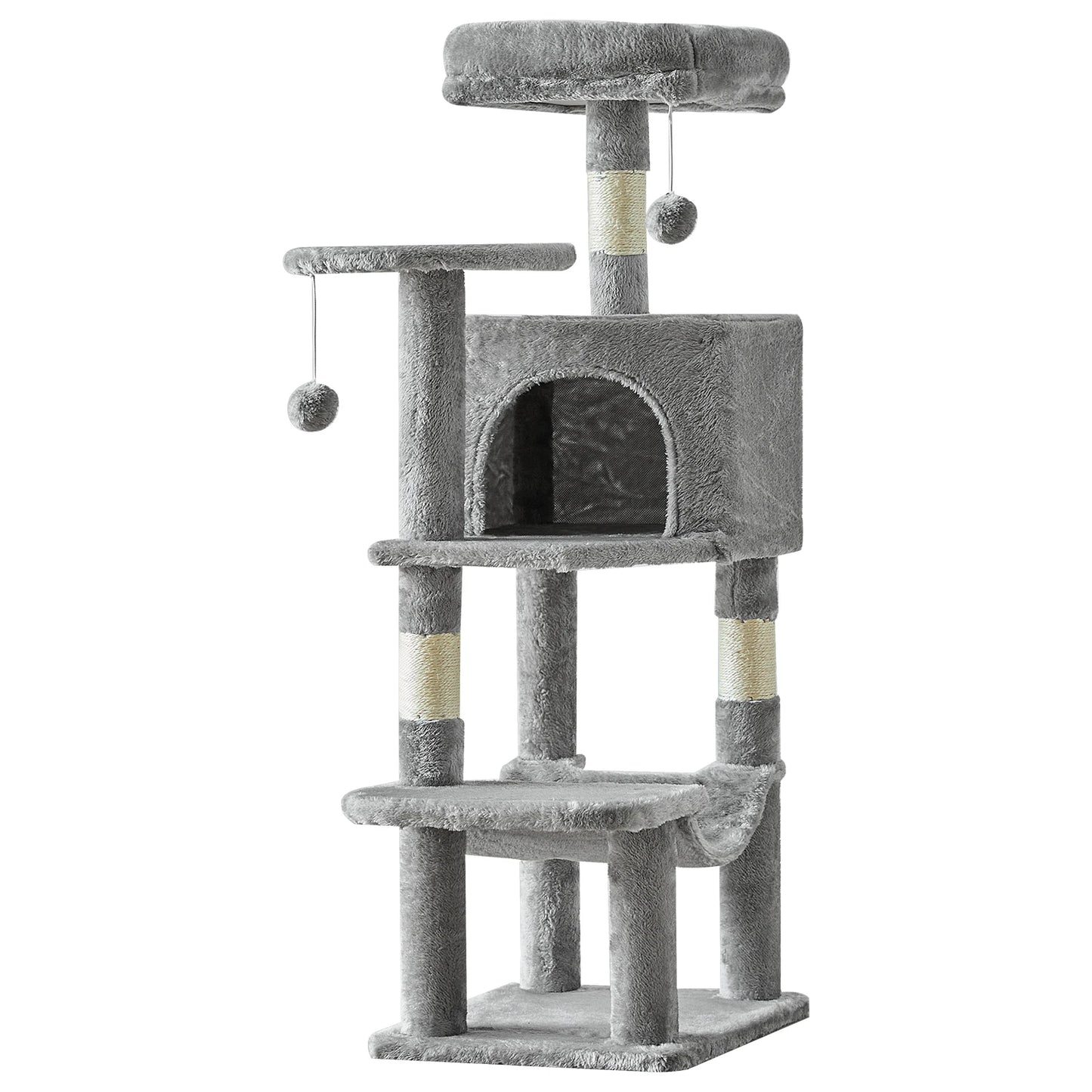 JHK 44 Inch Tall Multi-Cat Climbing Tower with Natural Sisal Scratching Posts and Stable Pet House