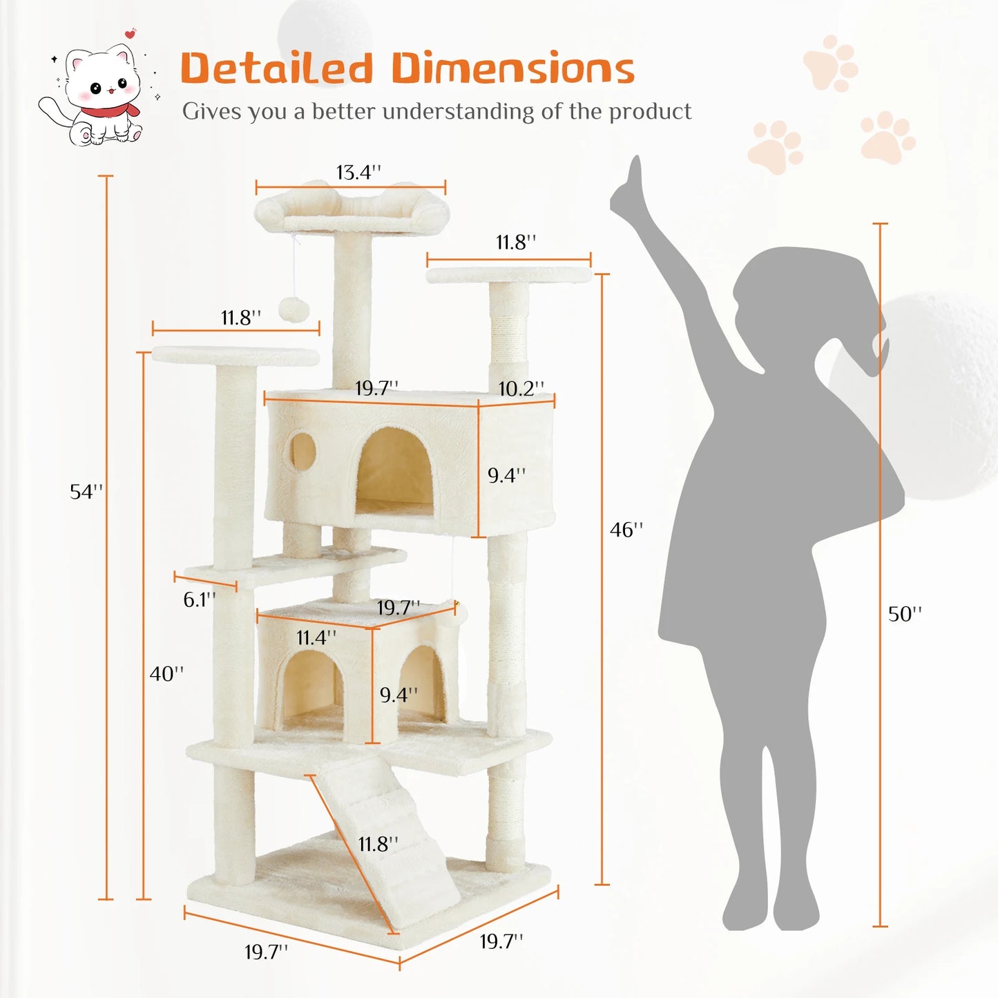JHK 54 Inch Tall Multi Level Cat Tree Tower and Stable Kitty Play House with Sisal