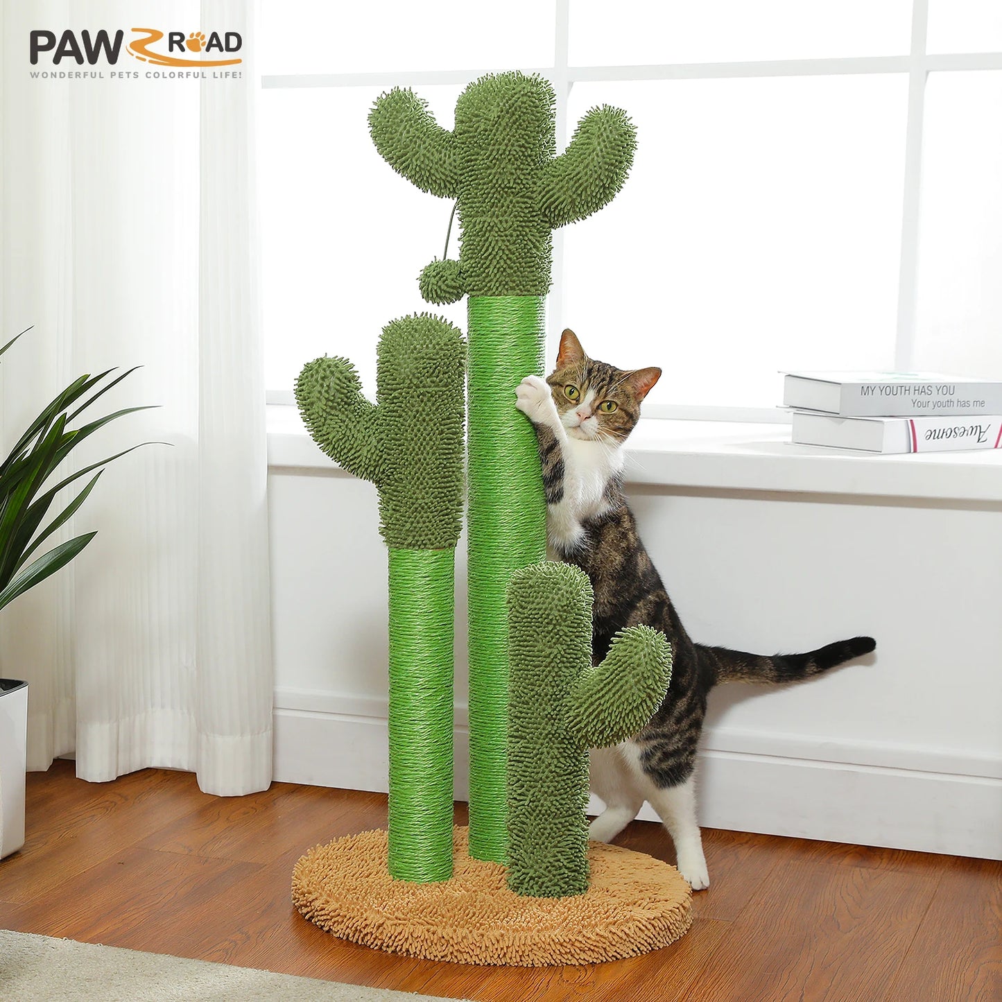 Cactus Cat Tree Tower with Large Condo Hammock and Dangling Ball for Indoor Cats