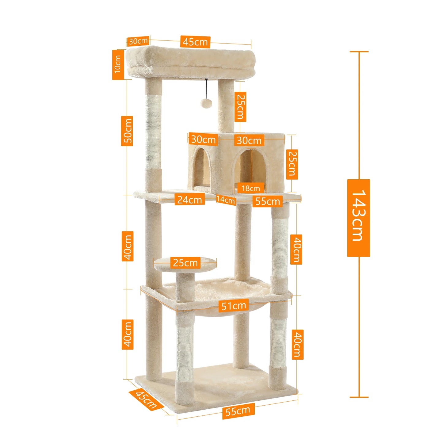PAWZ Road 5 Level Cat Tree Tower 143CM with Large Hammock and Cozy Condo for Large Cats