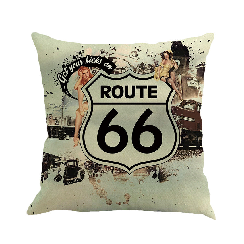 Us Route 66 Linen Hold Pillowcase Back Pillow Car Sofa Cushion
