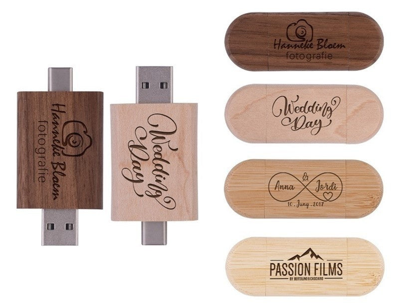 Customized Maple Box Carved Wooden 2-in-1 Mobile Phone Type C USB Drive