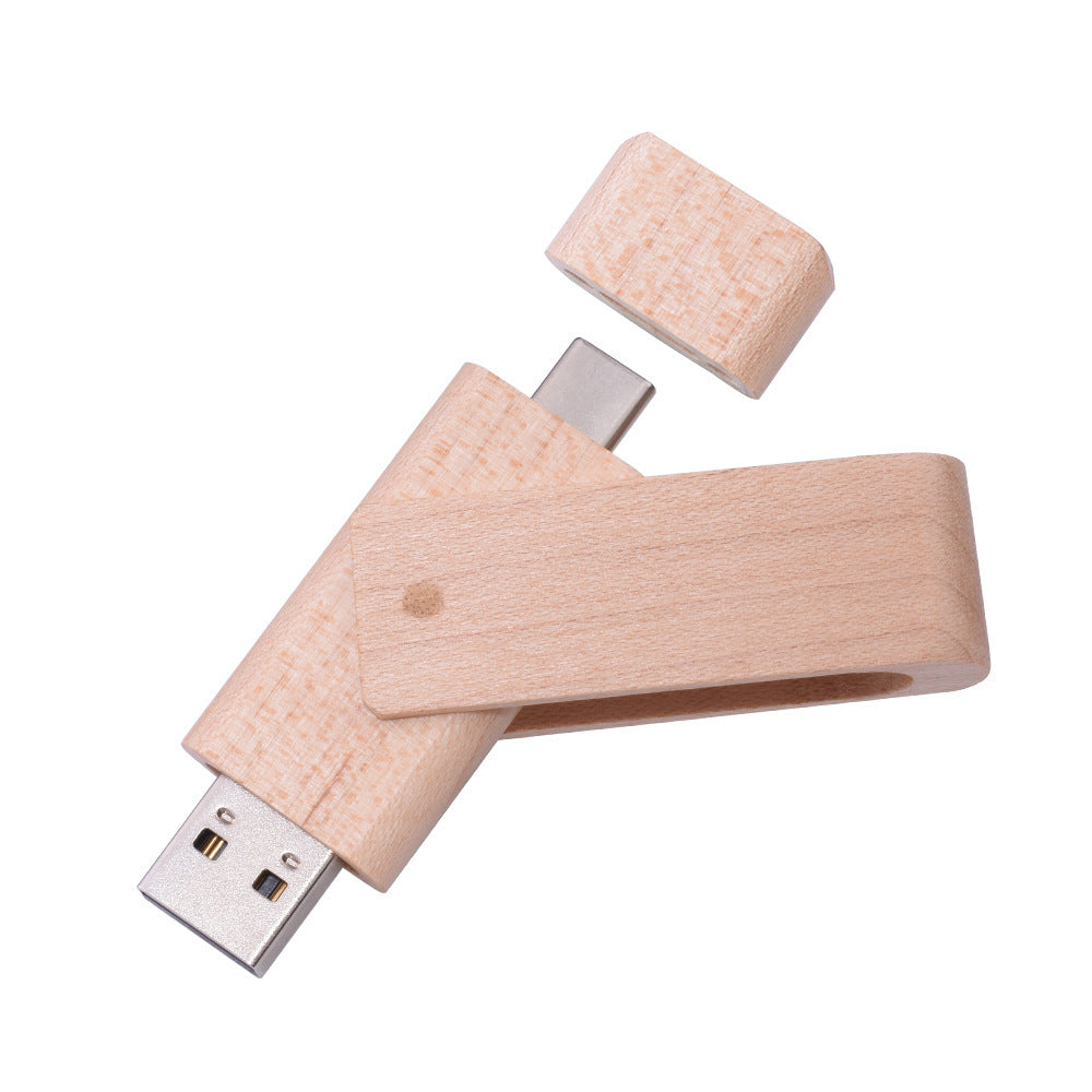 Customized Maple Box Carved Wooden 2-in-1 Mobile Phone Type C USB Drive